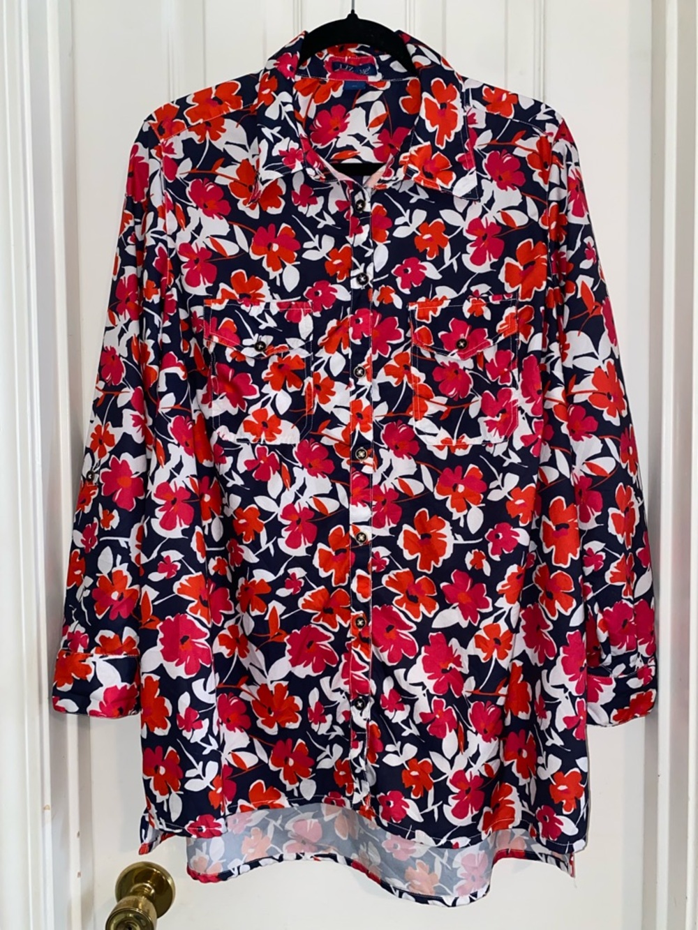 Liz & Me Navy Floral Top with Red and Pink Accents